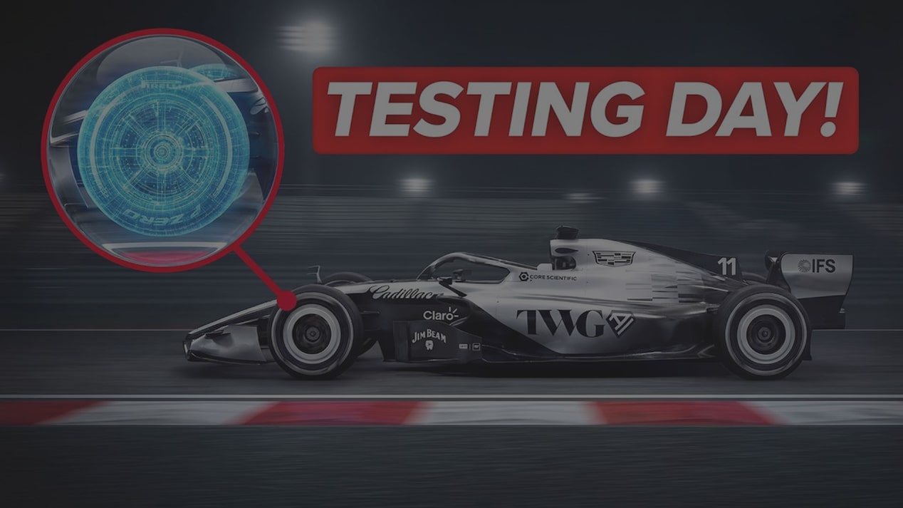 Side View of the Cadillac F1 Racecar and Close-up of the Holography Tire with Text Overlay Reading "Test Day!"