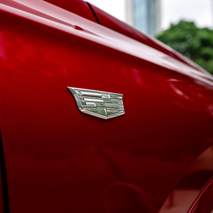 Side Close-up of a Red Cadillac Vehicle Emblem