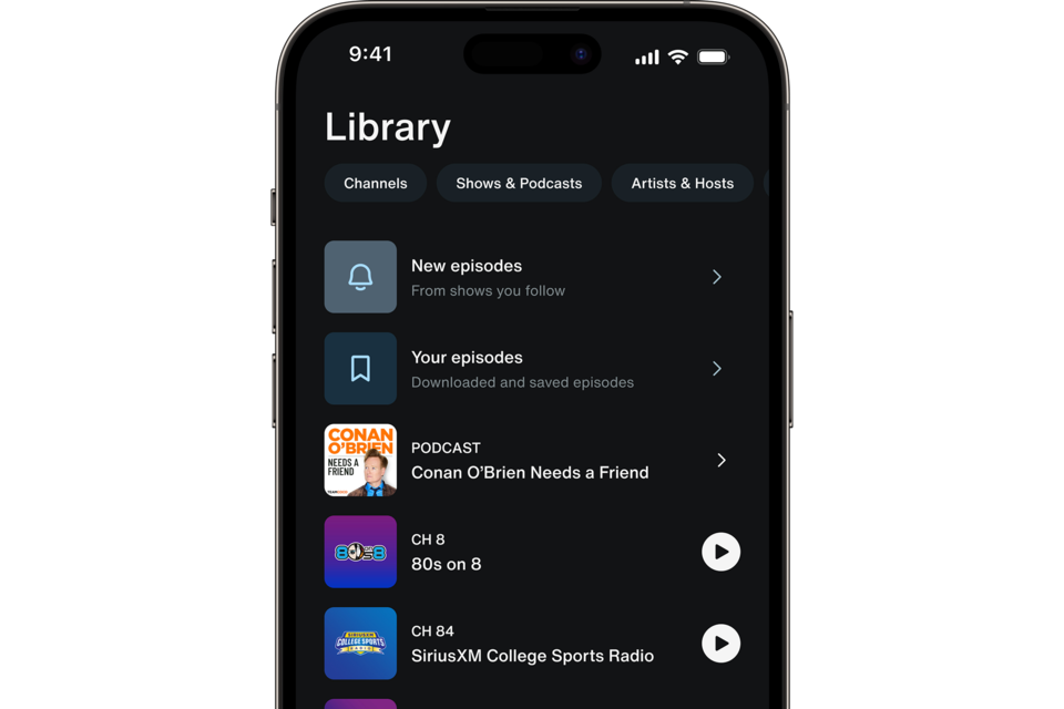Close-up of the SiriusXM Library Displaying a User's Recent Channels, Podcasts, Stations and More