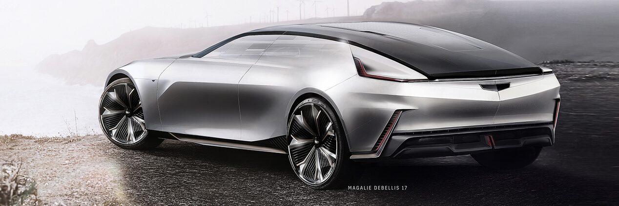 CELESTIQ 3/4 Rear by Magalie Debellis, 2017. Digital print from digital rendering. From the GM Design Archive & Special Collections