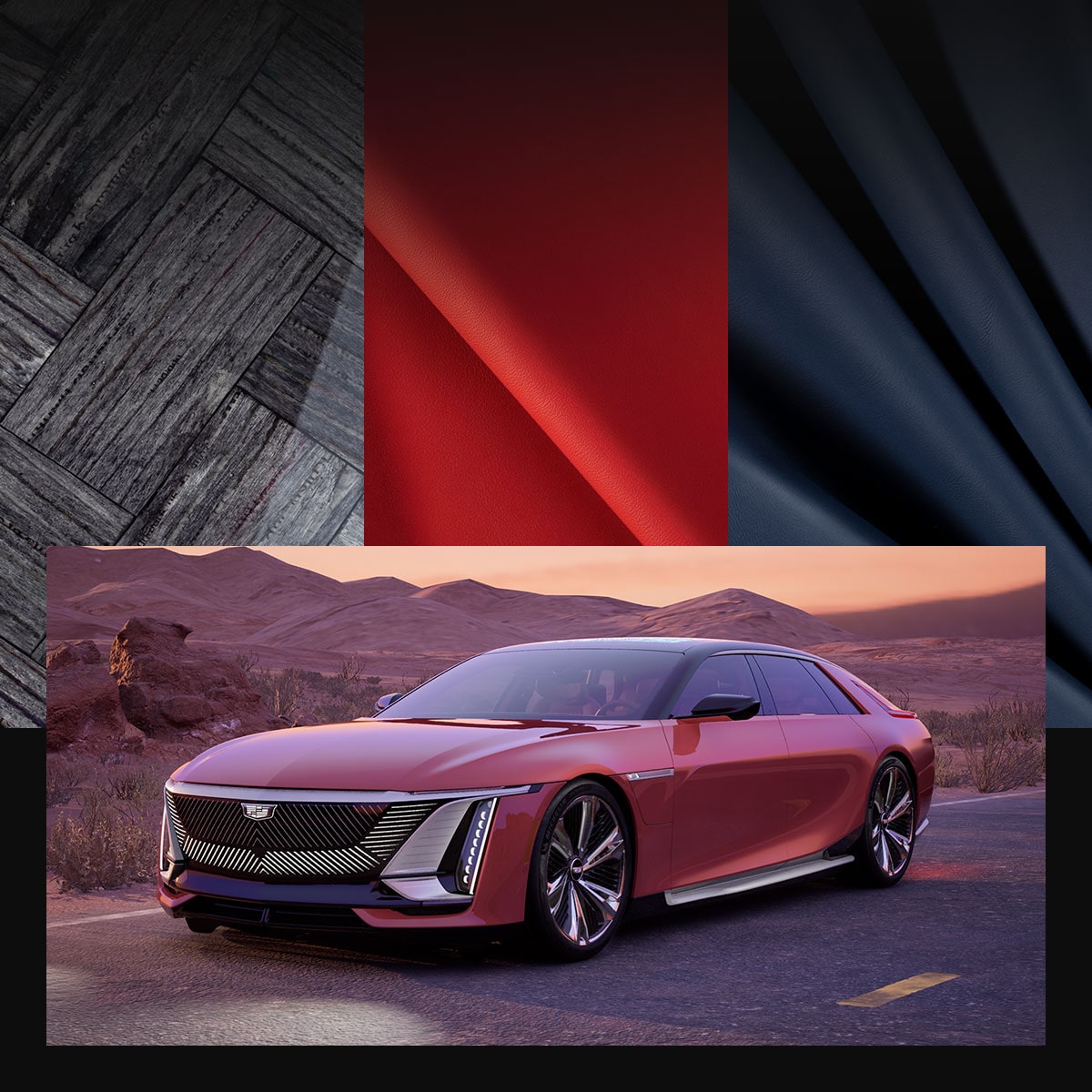 A Collage of the CELESTIQ Premium Materials and Exterior of the Aurora Design