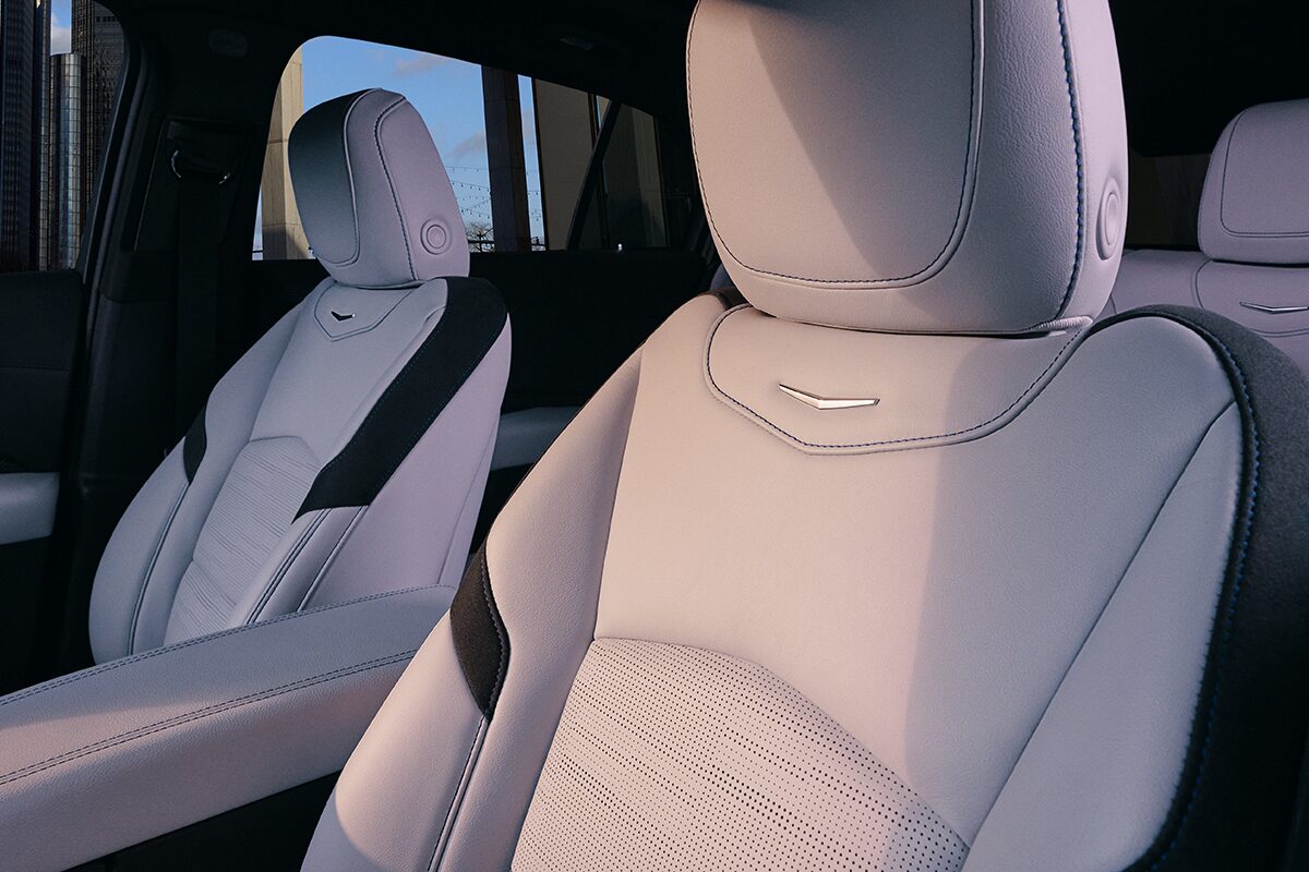 Close-up of the Cadillac Crest on the Front Seats in the 2025 Cadillac XT4