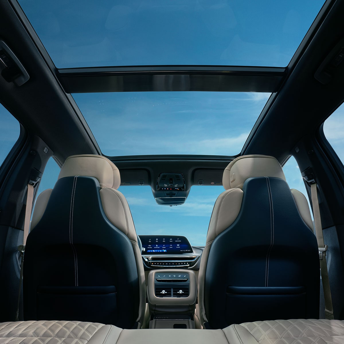 Back Seat View of the 2025 Cadillac LYRIQ Front Row and Panoramic Sunroof