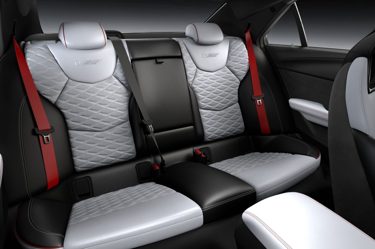 Passenger View of the 2025 CT4-V Backseat Racing Inspired Seating and Torch Red Seatbelts