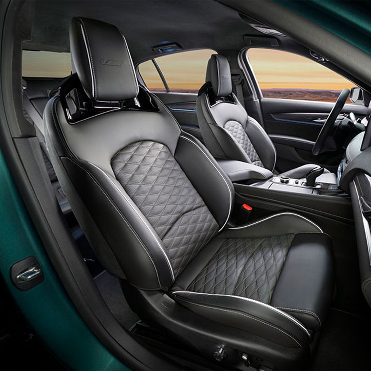 Three-Quarters View of the Interior Front Seats of a 2025 Cadillac CT5-V