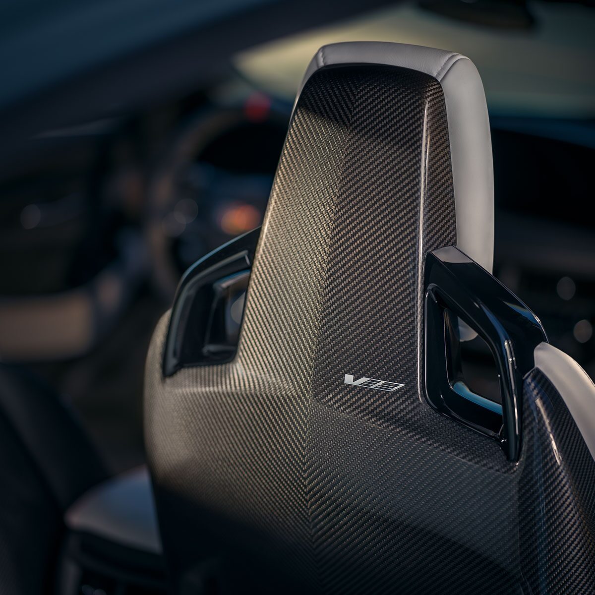  Close-up of the Back of a Black Passenger Seat of a 2025 Cadillac CT5-V