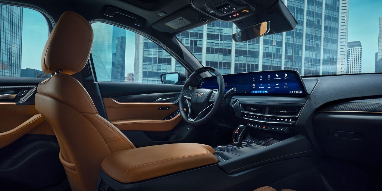 A Passenger View of the 2025 Cadillac CT5's Leather Seating and Jet Black Dashboard