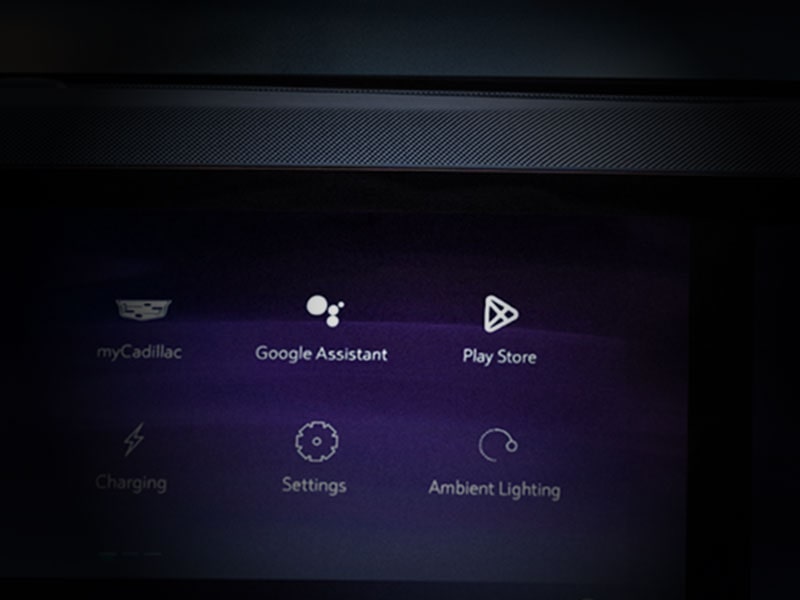 Close-up of the 2026 ESCALADE IQ Google Built-In Technology on the Display Screen