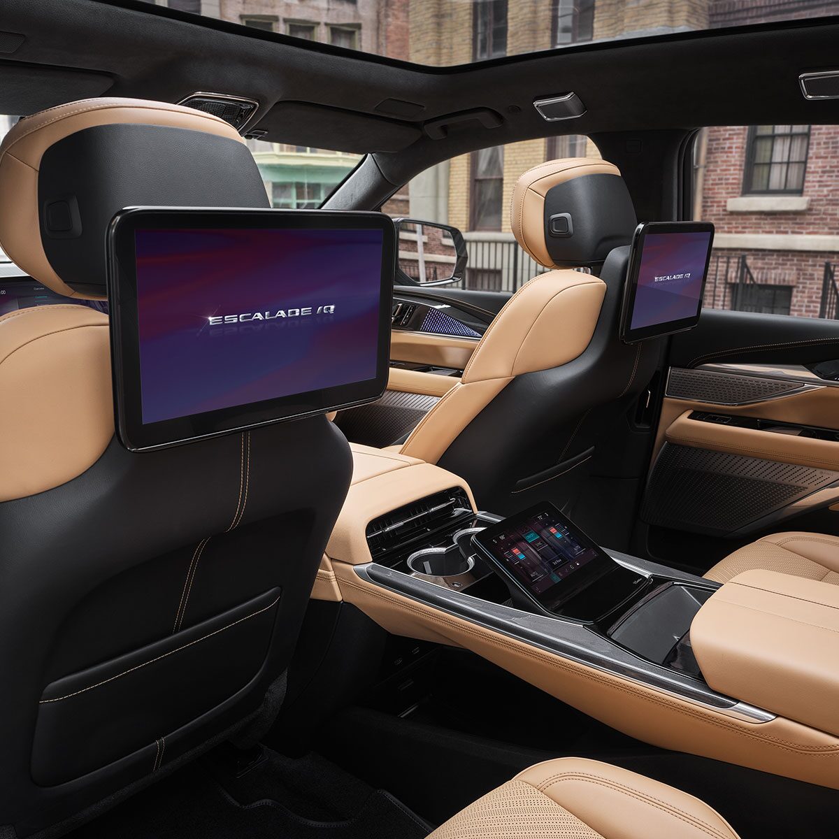 Close-up of the 2026 ESCALADE IQ Executive Second Row Seating Controls and Cup Holder