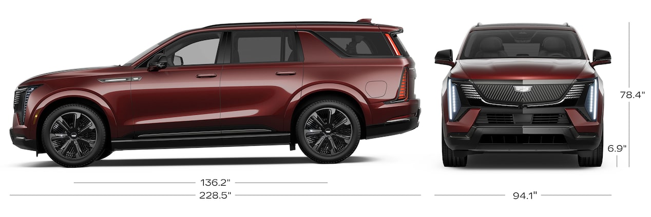 A Side Profile and a Front Profile View of the 2026 ESCALADE IQL with Dimensions