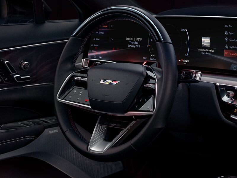 Close-up of the 2026 Cadillac LYRIQ V-Series Performance Steering Wheel and Dashboard