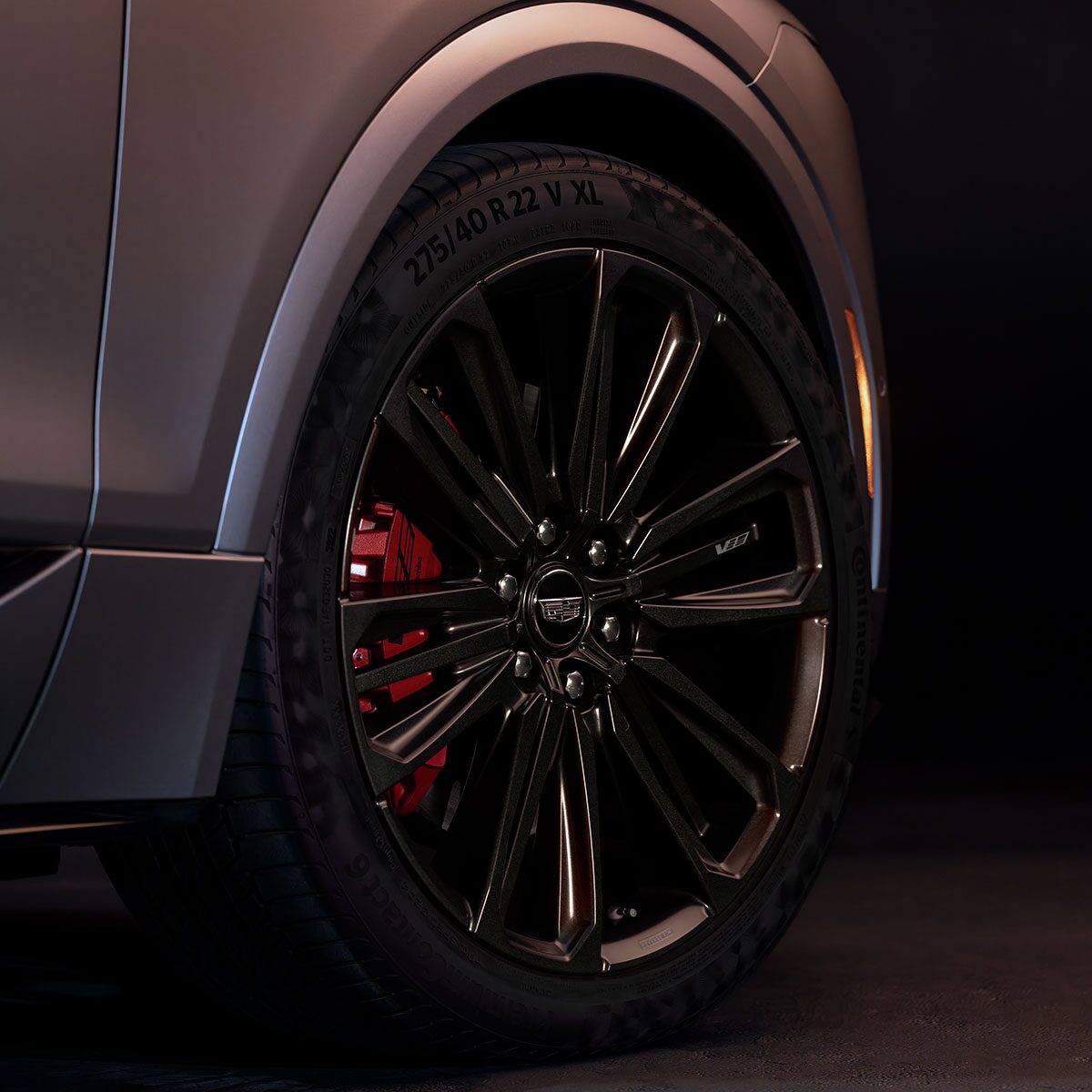 Close-Up View of a Wheel With A Red Brembo Brake on a Cadillac LYRIQ V-Series