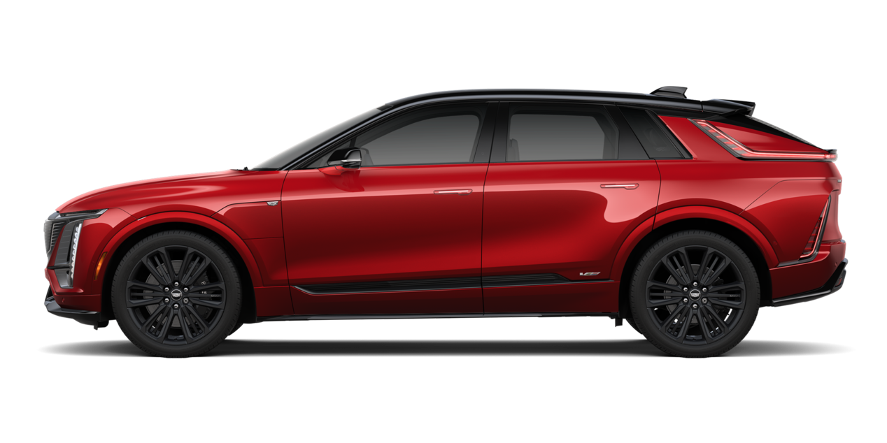 Driver's Side Profile of A Radiant Red 2026 Cadillac LYRIQ V-Series Model