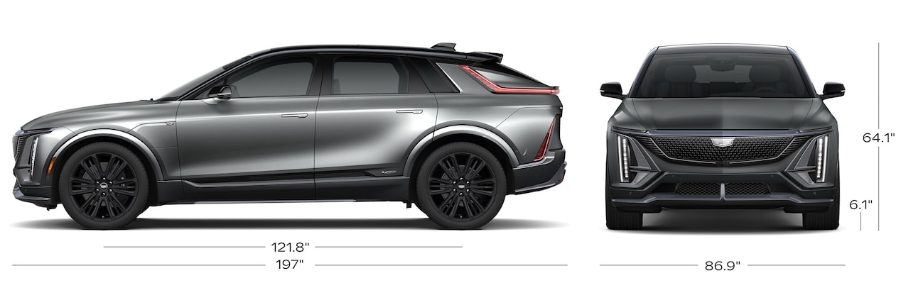 The Side Profile and Front Profile of a Dark Green Cadillac LYRIQ with its Size Dimensions