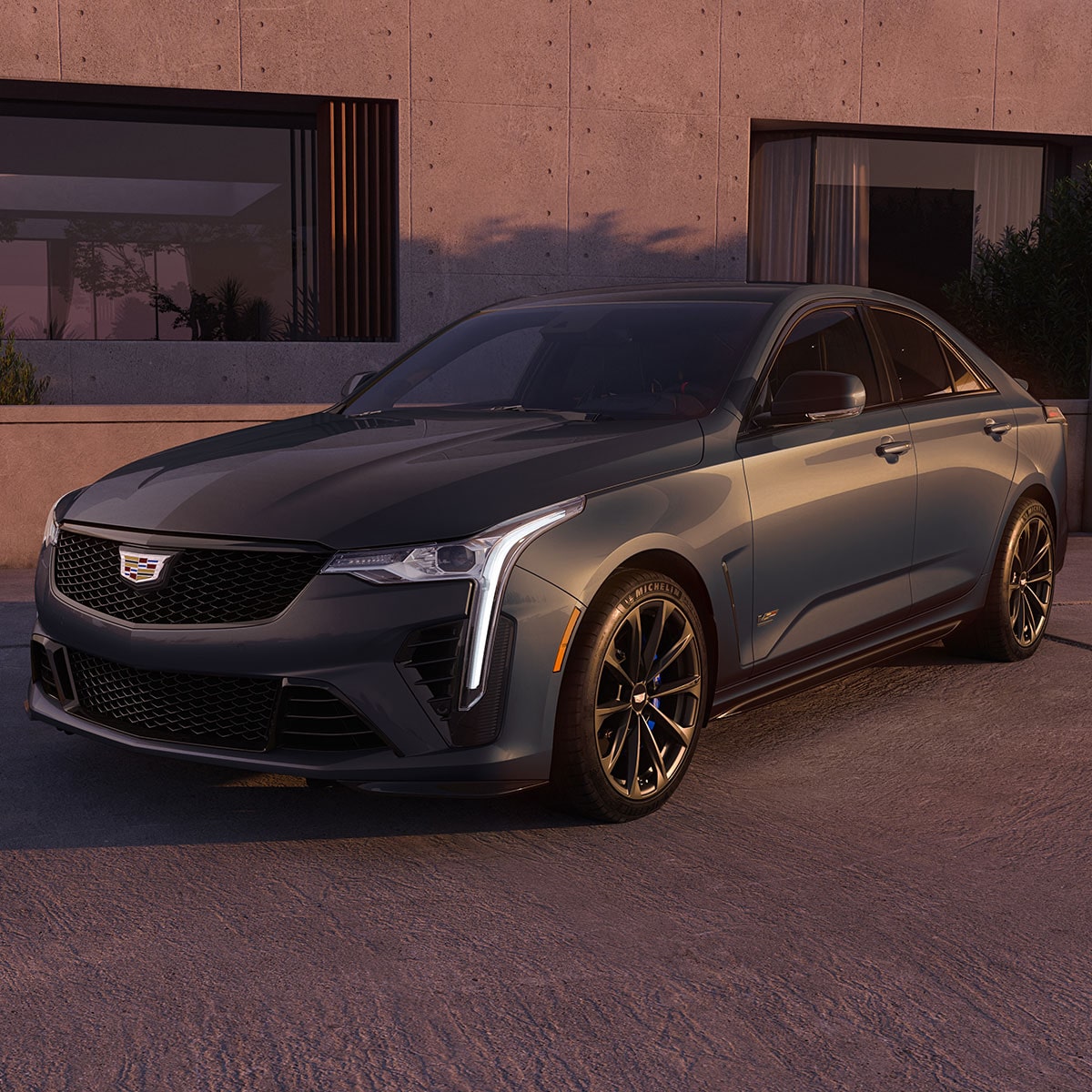 Three-quarters View of a Yellow Cadillac CT4-V Parked in Parking Garage