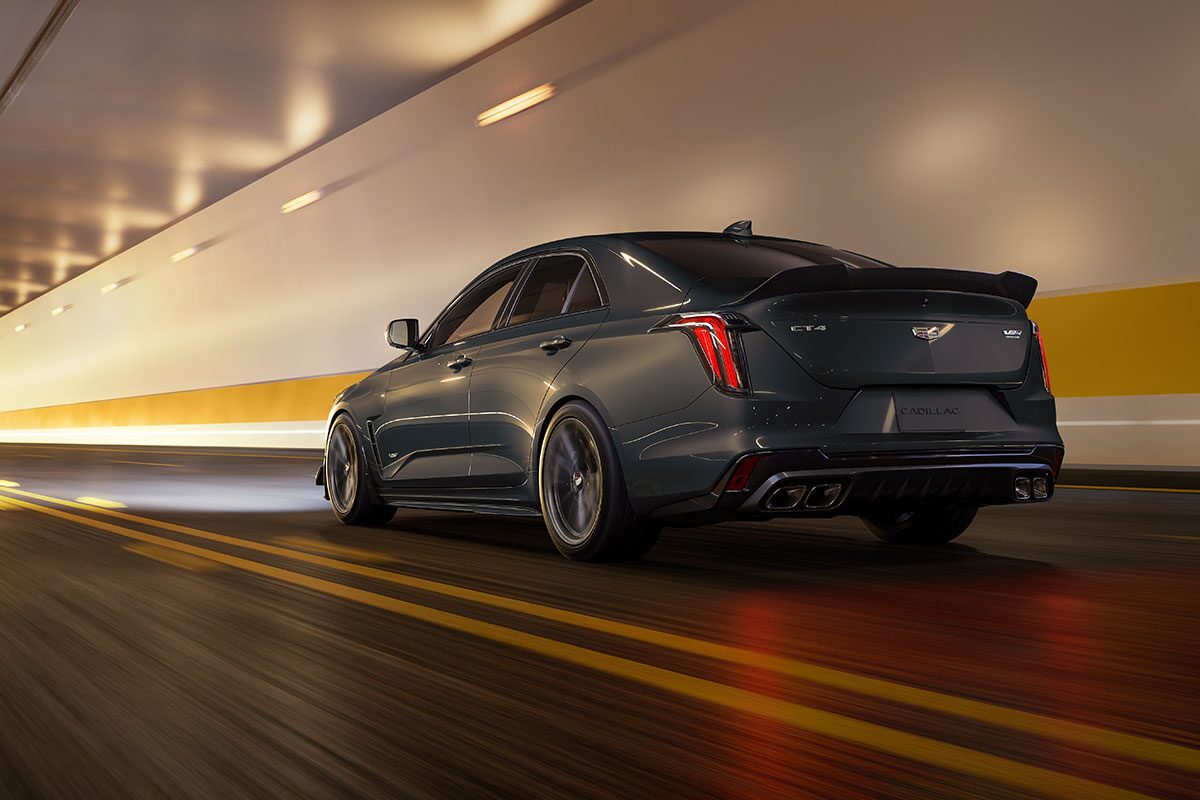 Three-quarters View of a Yellow Cadillac CT4-V Parked in Parking Garage