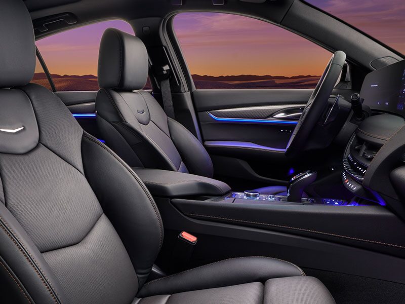 Front Seat Row View of 2026 Cadillac CT5 Interior and Ambient Lighting Feature