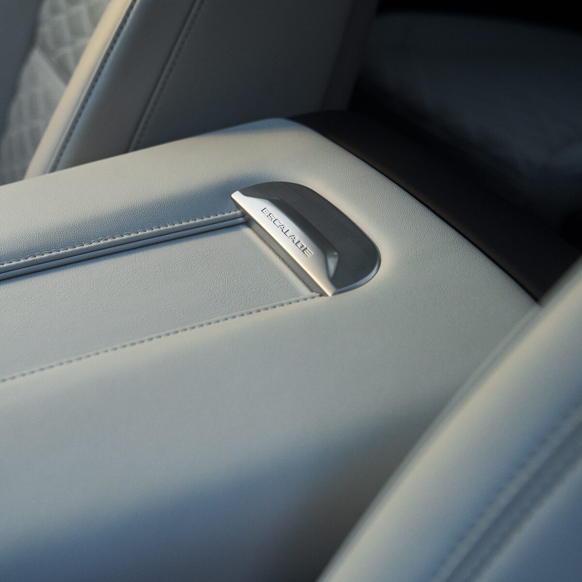 Close-Up of the Escalade Nameplate on the 2026 Escalade's Middle Console