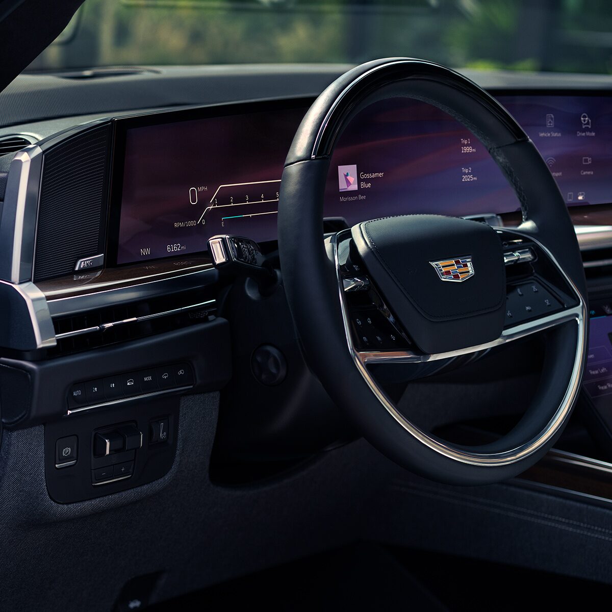 Close-Up of the 2026 Escalade Leather Wrapped Steering Wheel