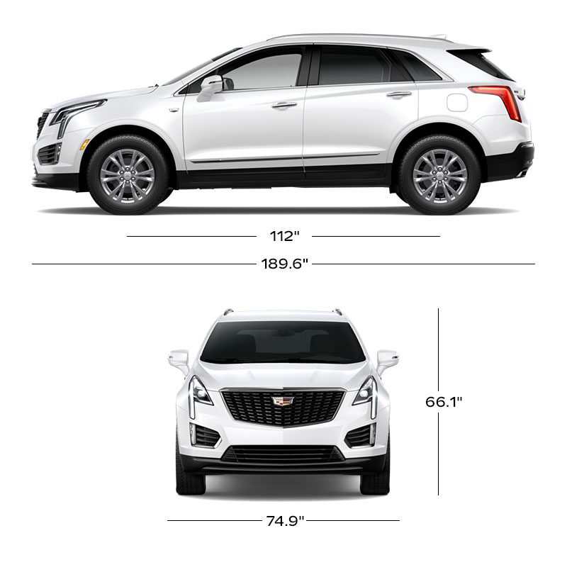 A Side Profile and a Front View of the White 2026 XT5 with Dimensions Displayed