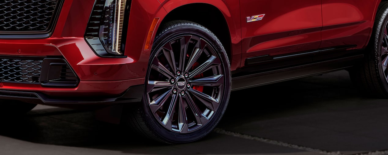 Close-up View of the Wheels and Rims on a Cadillac Performance V-Series Vehicle.
