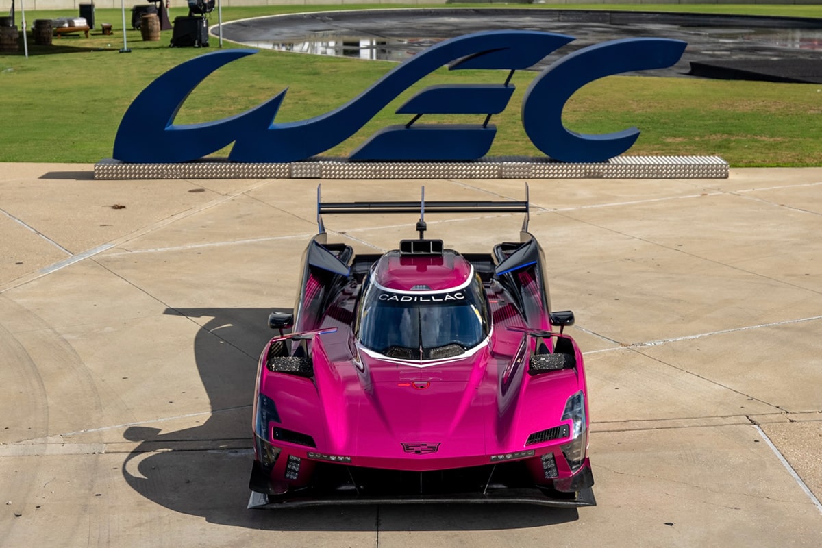 Front View of the Pink Cadillac V-Series.R Racecar Parked on a Race Track