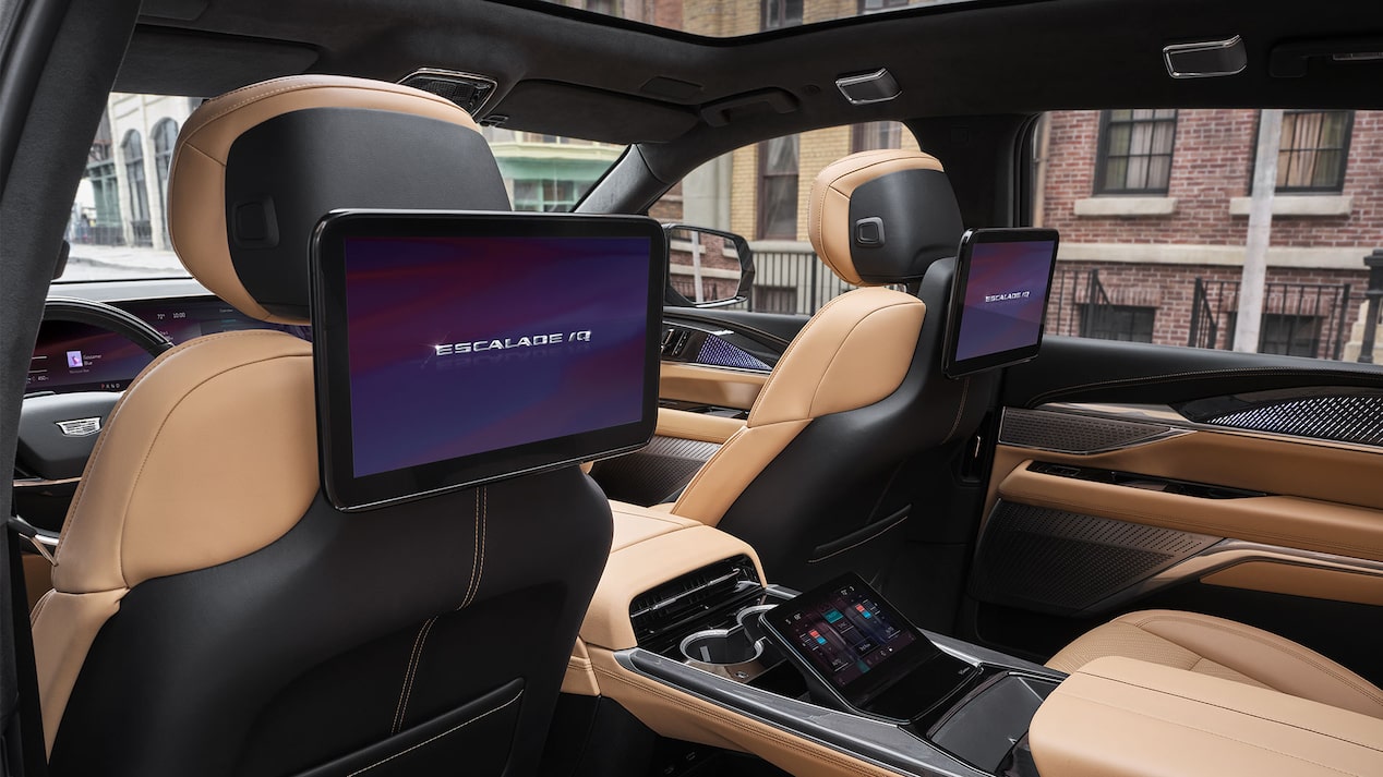 The 2025 ESCALADE IQ Second Row Entertainment  Screens on the Back of the Front Seat's Headrests